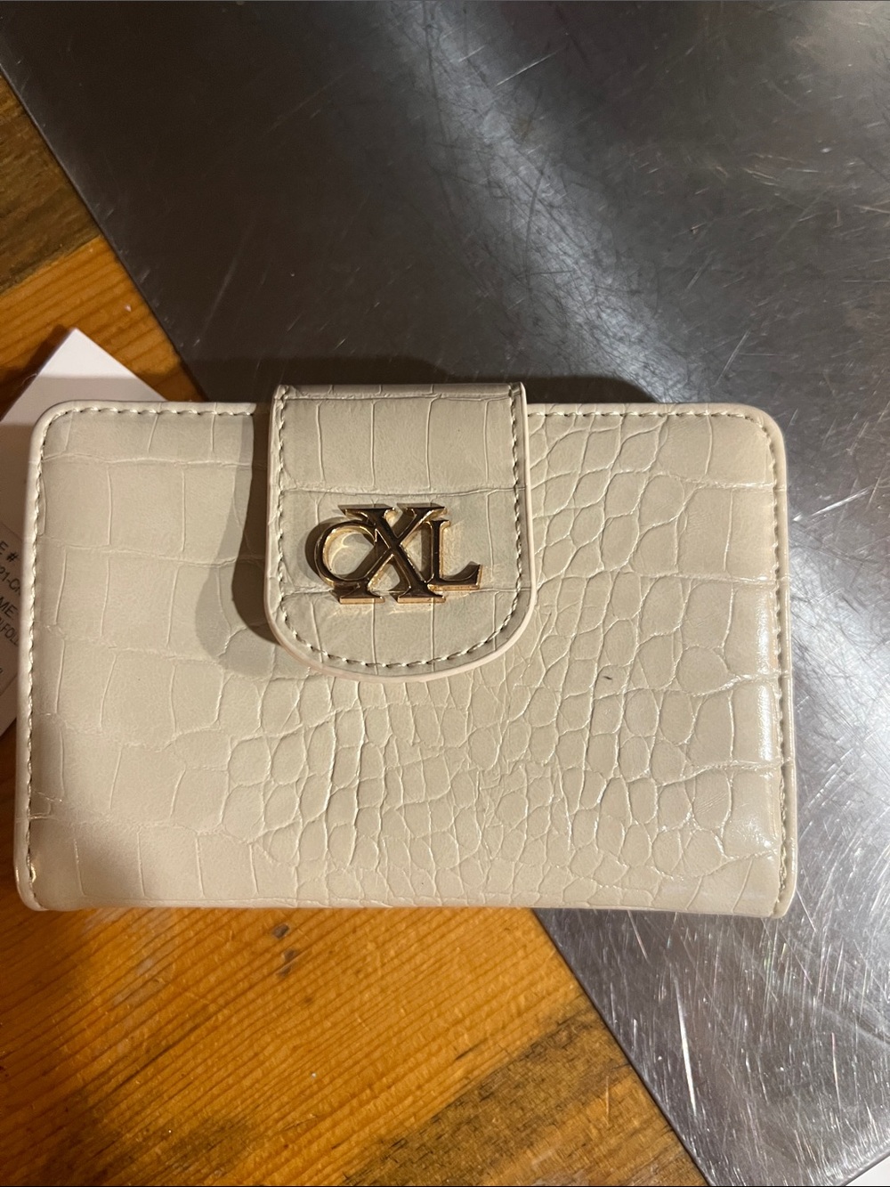 Christian Lacroix Cream Croc-Embossed Wallet with Gold Logo Emboss